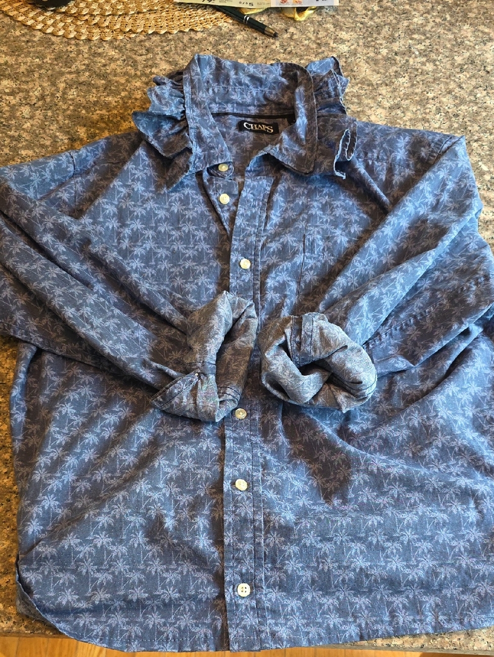 Reworked Chaps Ruffle Collar Blue Palm Print Button-Up Shirt